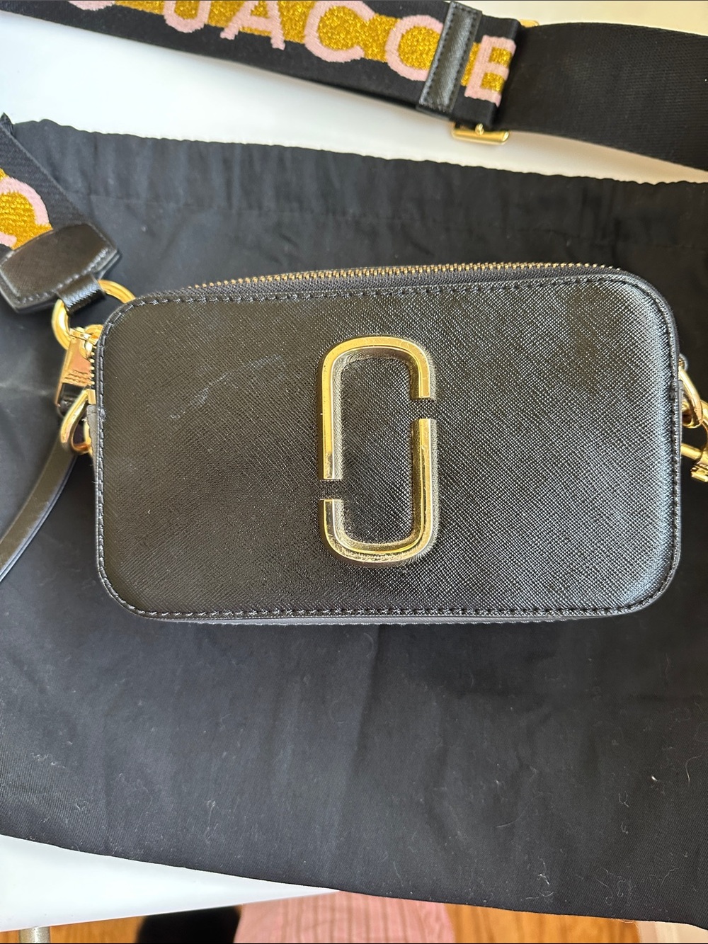 Marc Jacobs Black Leather Crossbody with Pink and Gold Logo Strap